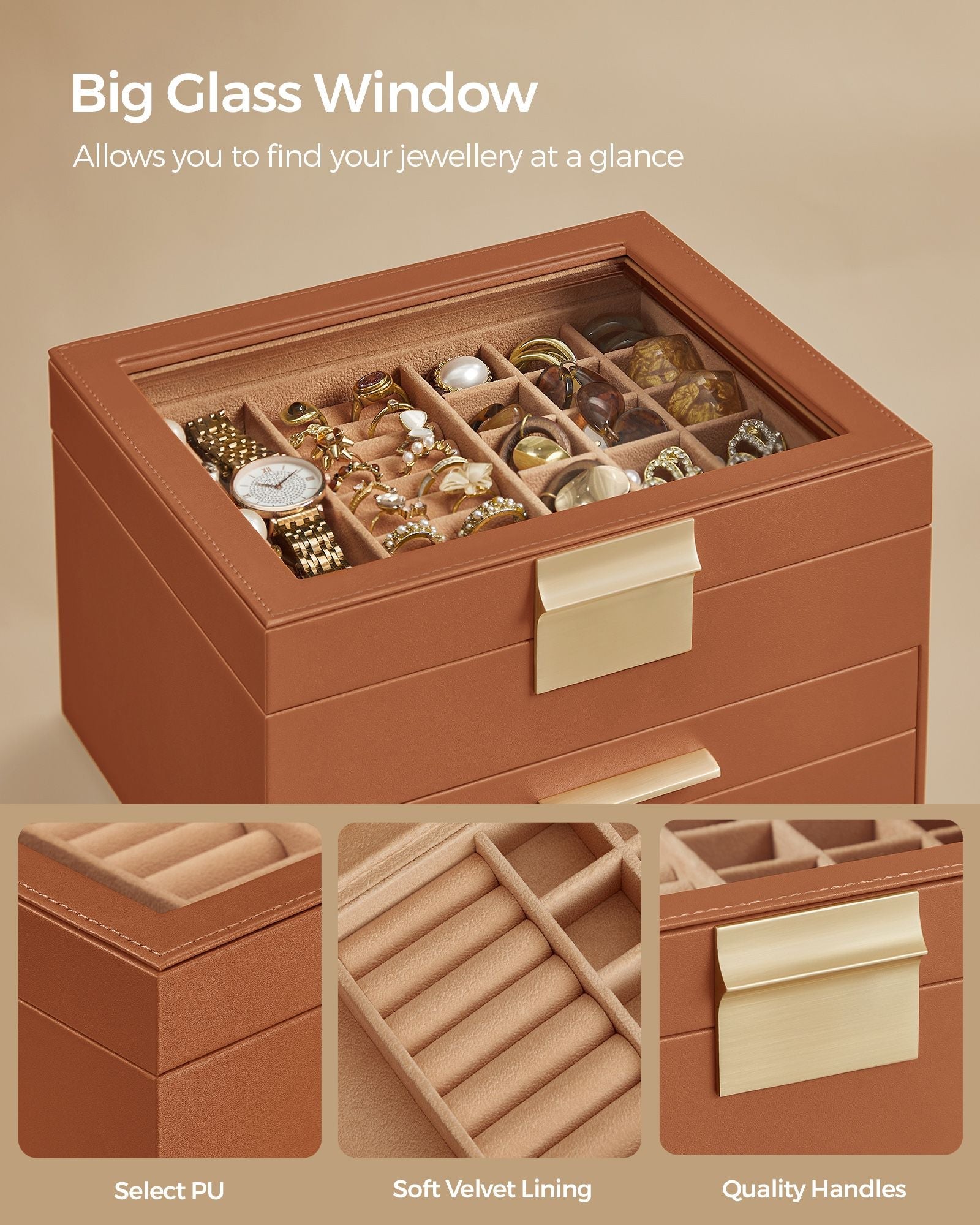 3-Tier Jewellery Box – Glass and Wood – Caramel Brown and Gold – Organiser with Drawers
