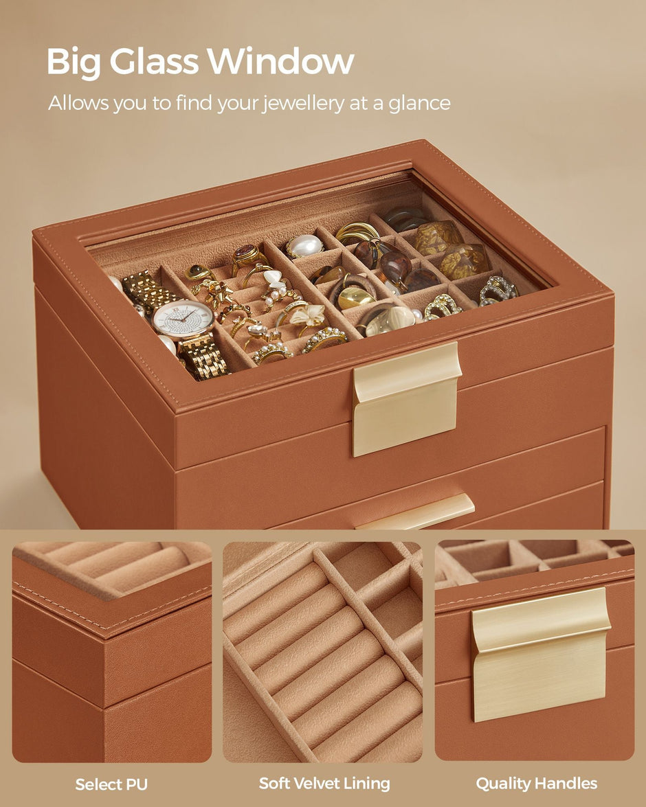 3-Tier Jewellery Box – Glass and Wood – Caramel Brown and Gold – Organiser with Drawers