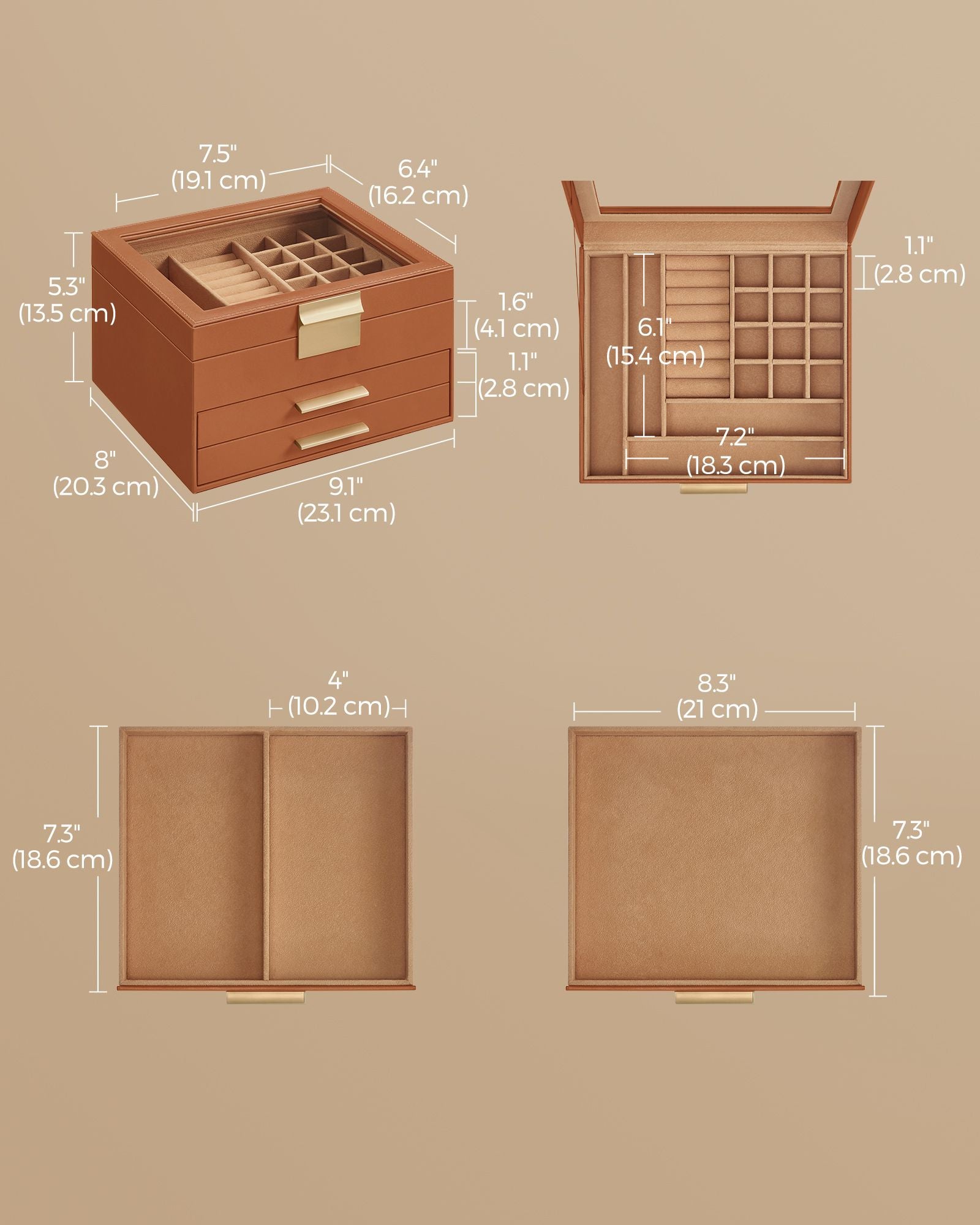 3-Tier Jewellery Box – Glass and Wood – Caramel Brown and Gold – Organiser with Drawers