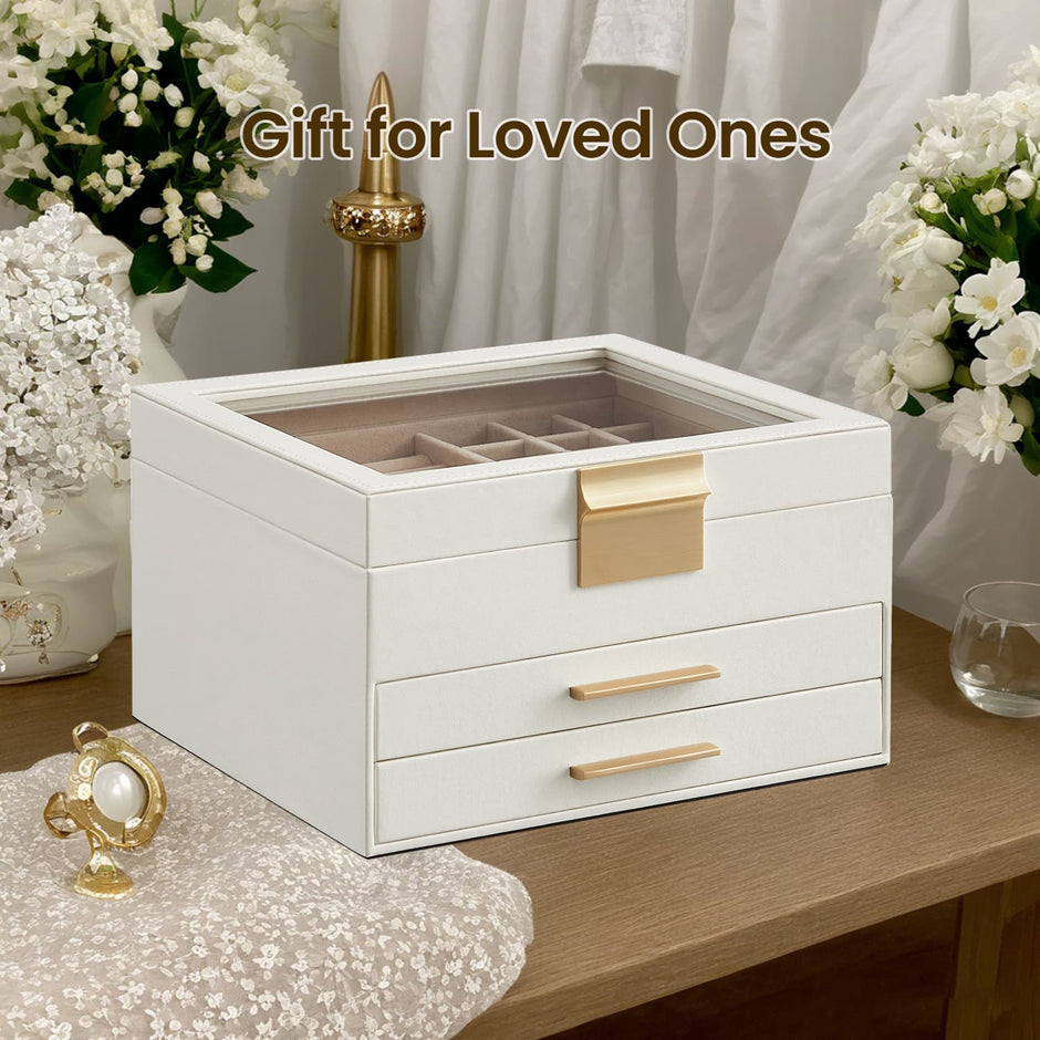 Jewellery Box – Glass – Cloud White and Gold – 3-Layer with 2 Drawers