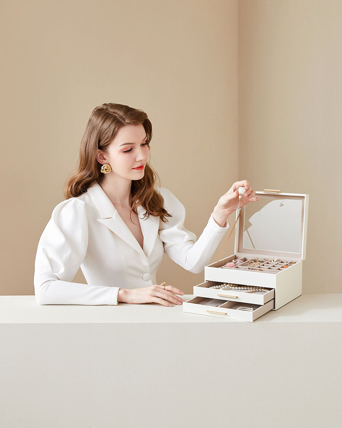 3-Layer Jewellery Box – Wood and Glass – White – Includes 2 Drawers and Glass Lid