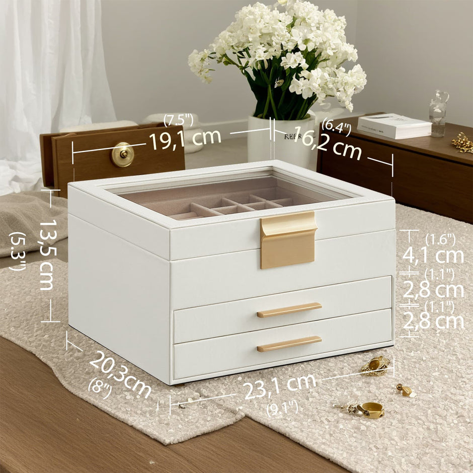 Jewellery Box – Glass – Cloud White and Gold – 3-Layer with 2 Drawers
