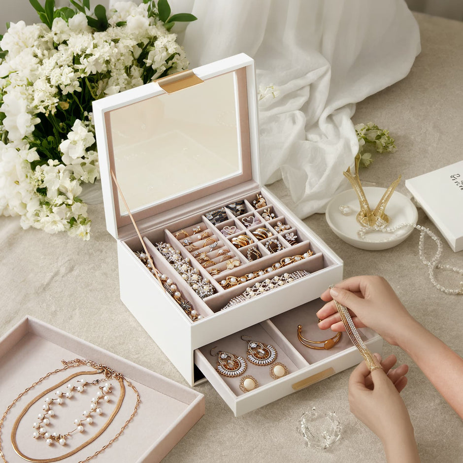 Jewellery Box – Glass – Cloud White and Gold – 3-Layer with 2 Drawers