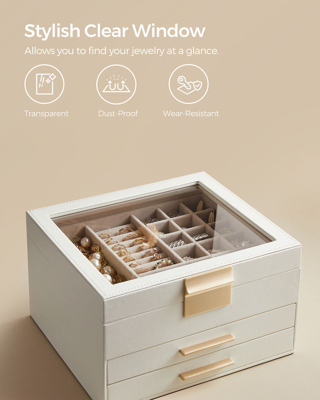 3-Layer Jewellery Box – Wood and Glass – White – Includes 2 Drawers and Glass Lid