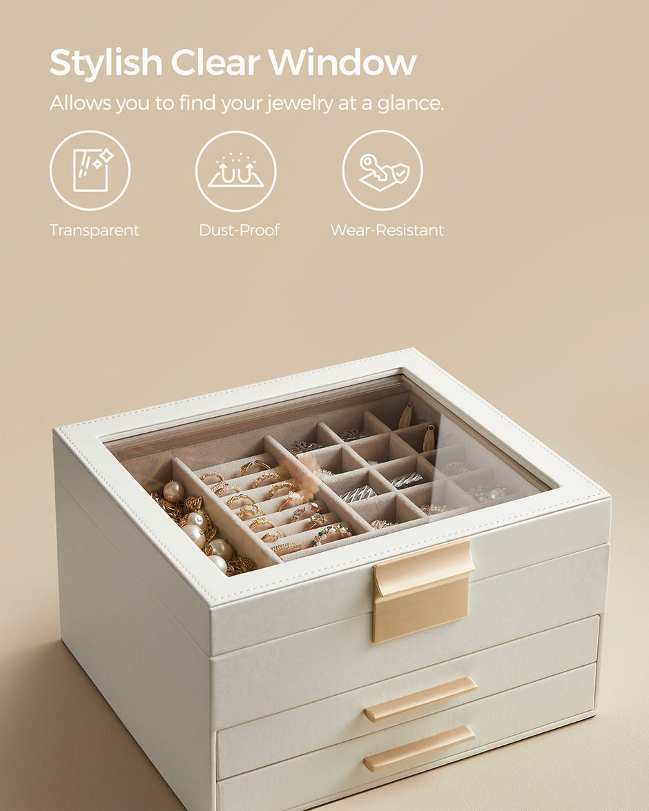 3-Layer Jewellery Box – Wood and Glass – White – Includes 2 Drawers and Glass Lid