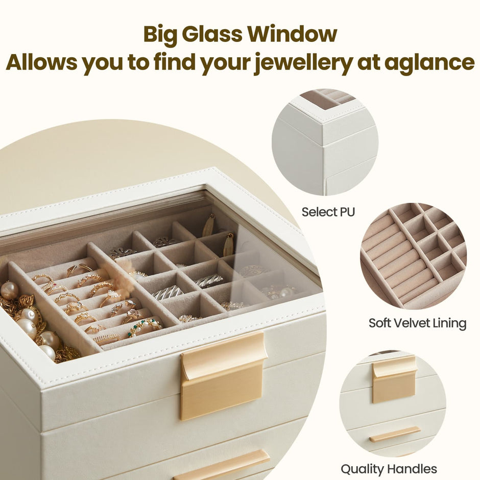 Jewellery Box – Glass – Cloud White and Gold – 3-Layer with 2 Drawers