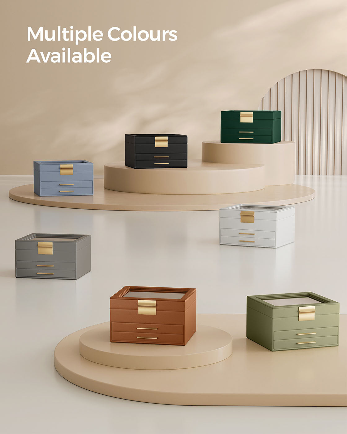 3-Layer Jewellery Box – Wood and Glass – White – Includes 2 Drawers and Glass Lid