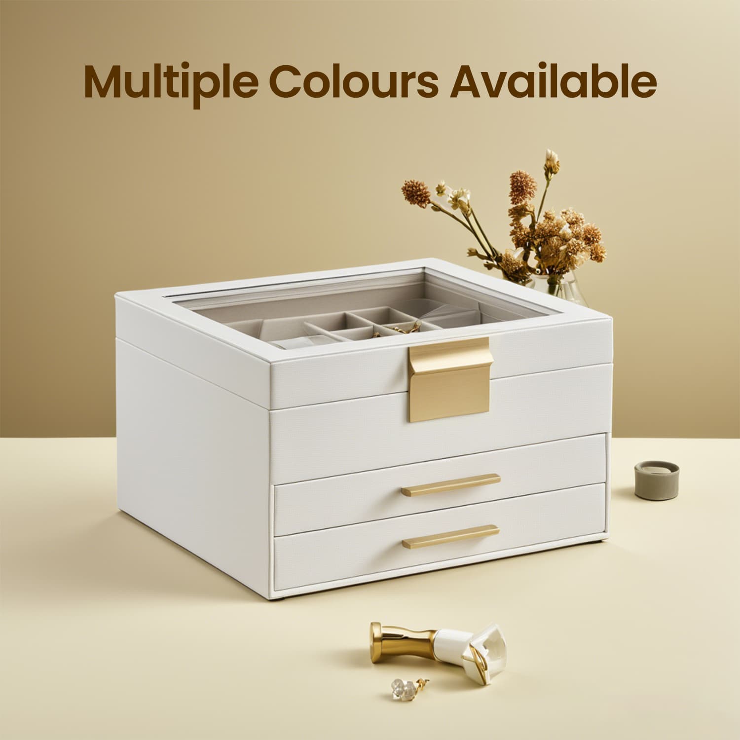 Jewellery Box – Glass – Cloud White and Gold – 3-Layer with 2 Drawers