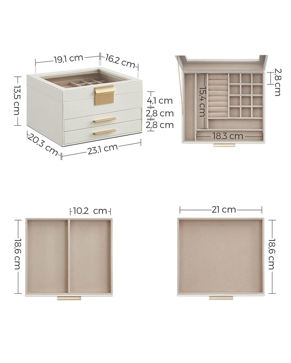 3-Layer Jewellery Box – Wood and Glass – White – Includes 2 Drawers and Glass Lid
