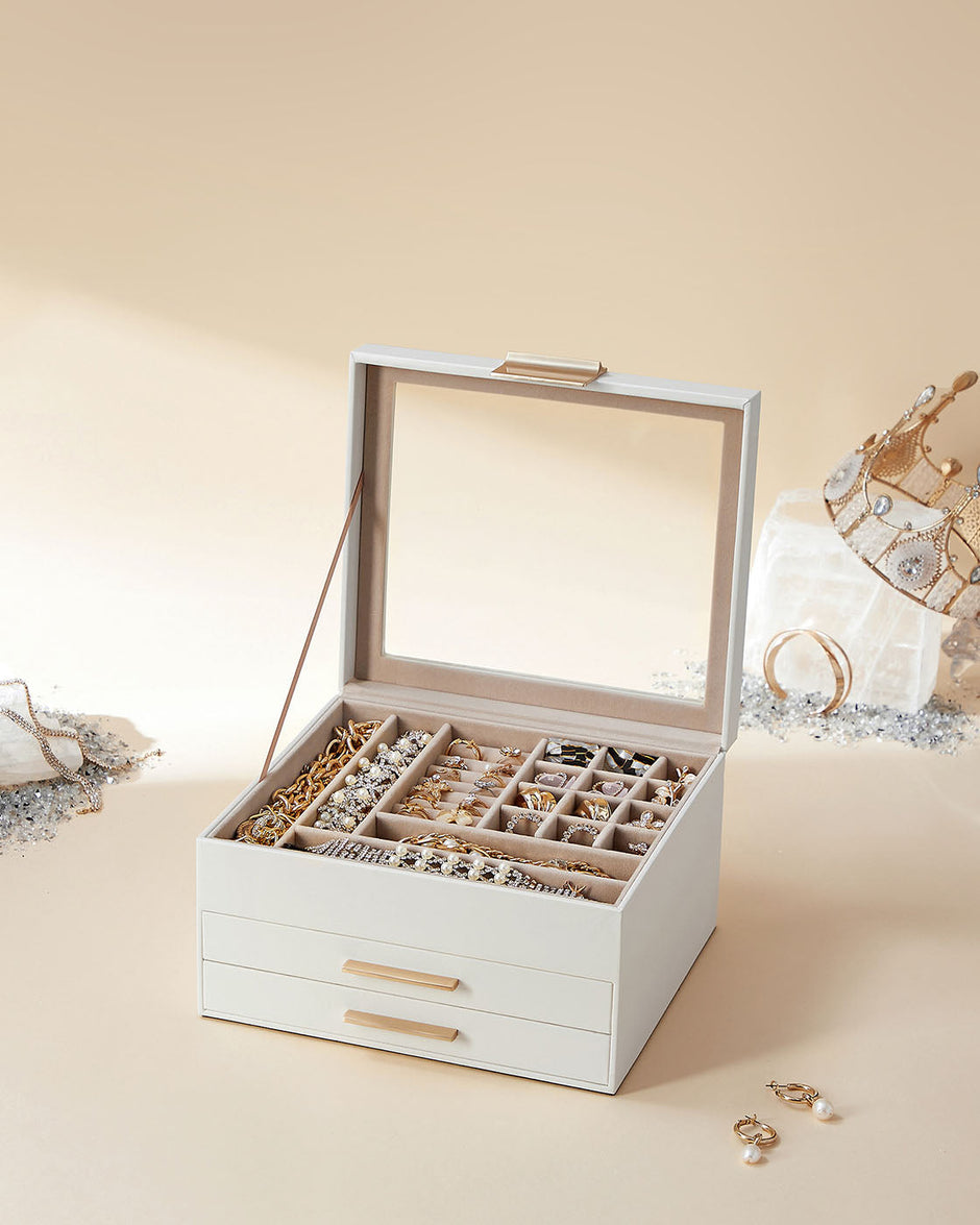 3-Layer Jewellery Box – Wood and Glass – White – Includes 2 Drawers and Glass Lid