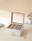 3-Layer Jewellery Box – Wood and Glass – White – Includes 2 Drawers and Glass Lid