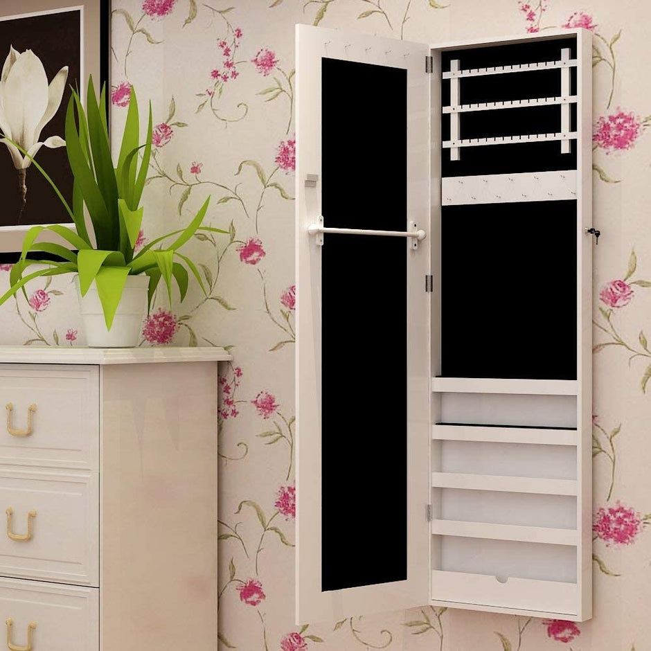 Jewelry Cabinet – MDF – White – Wall-Mounted and Lockable