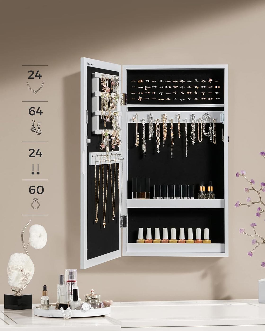 Lockable Jewellery Cabinet – Wood – White – Wall-Mounted with Mirror and Space-Saving Design