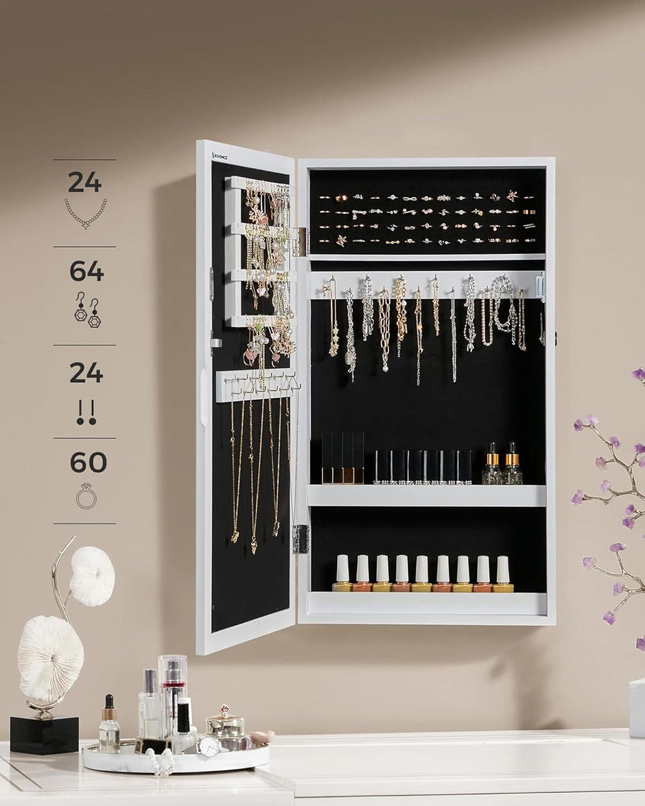 Lockable Jewellery Cabinet – Wood – White – Wall-Mounted with Mirror and Space-Saving Design