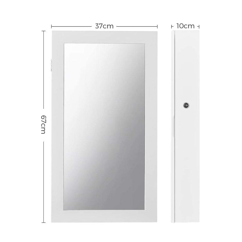 Lockable Jewellery Cabinet – Wood – White – Wall-Mounted with Mirror and Space-Saving Design