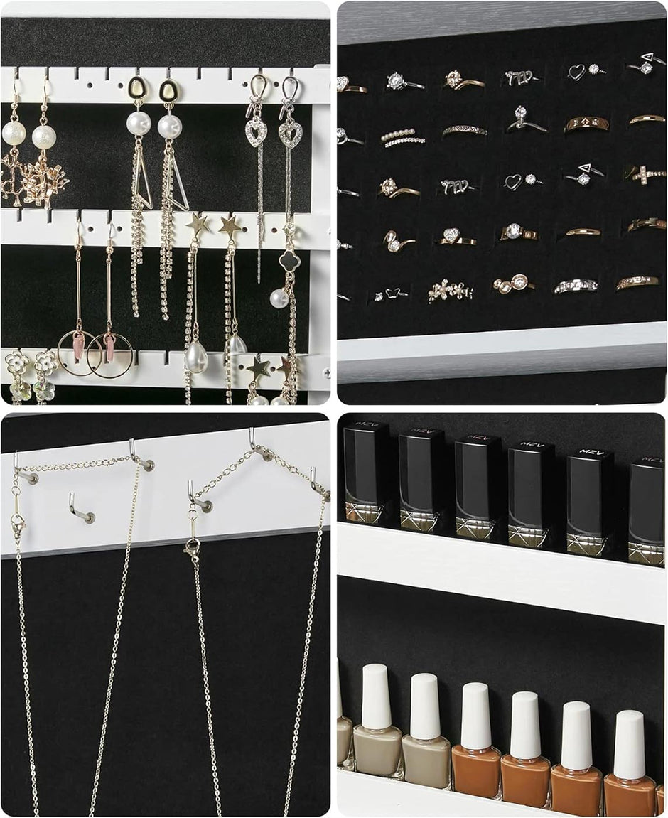 Lockable Jewellery Cabinet – Wood – White – Wall-Mounted with Mirror and Space-Saving Design