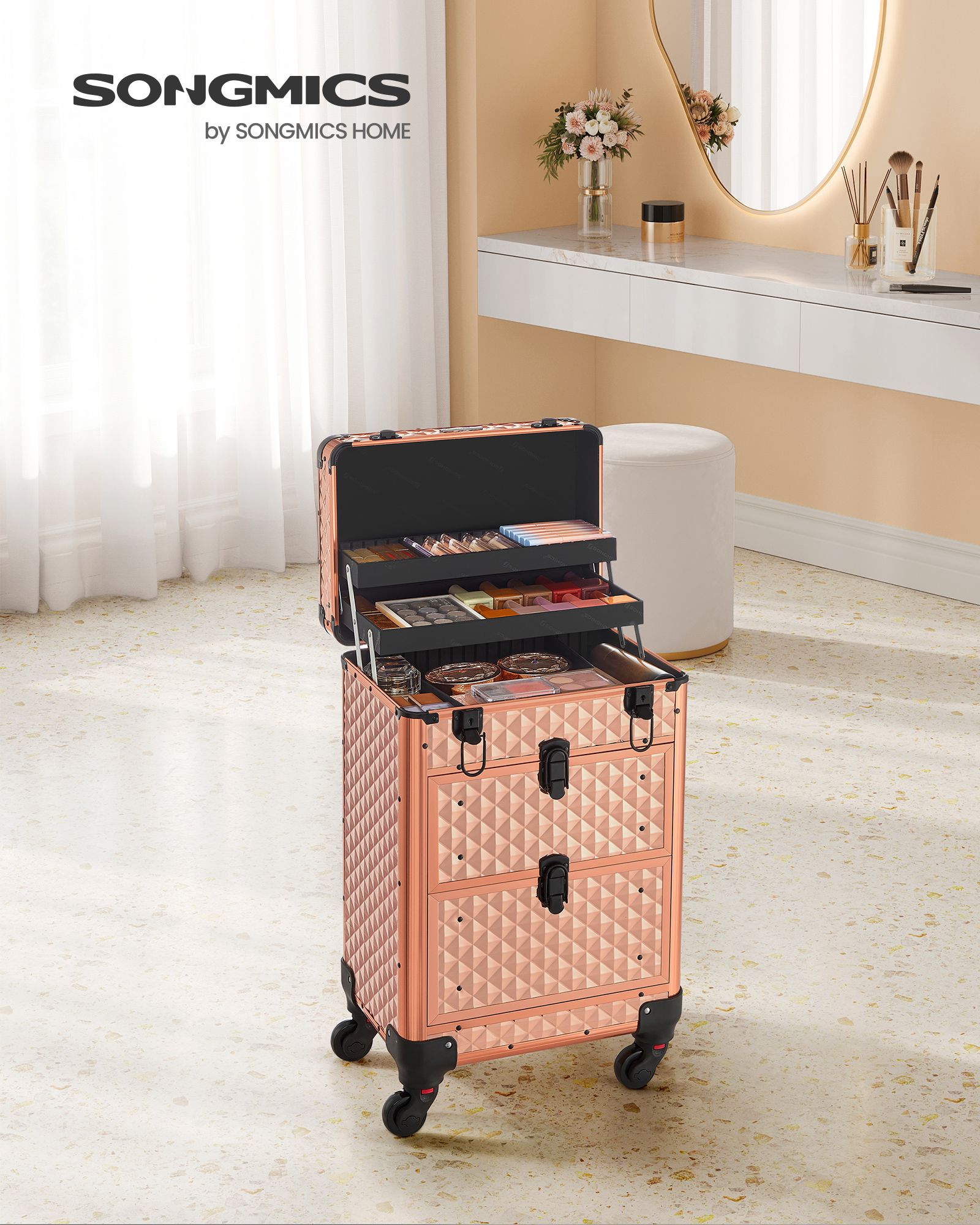Beauty Case – Plastic – Black – Mobile with 4 Removable Universal Wheels and 3-Level Top