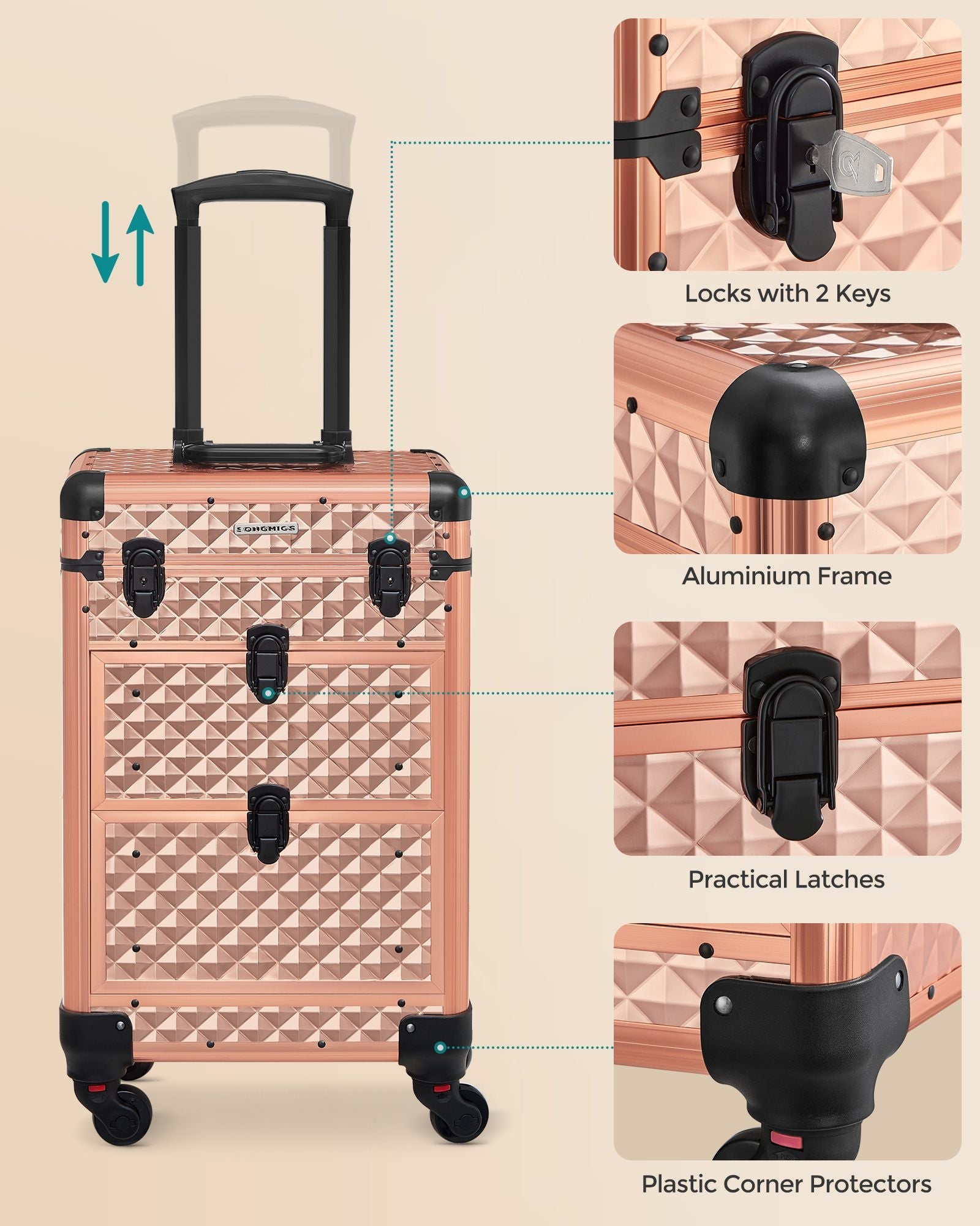 Beauty Case – Plastic – Black – Mobile with 4 Removable Universal Wheels and 3-Level Top