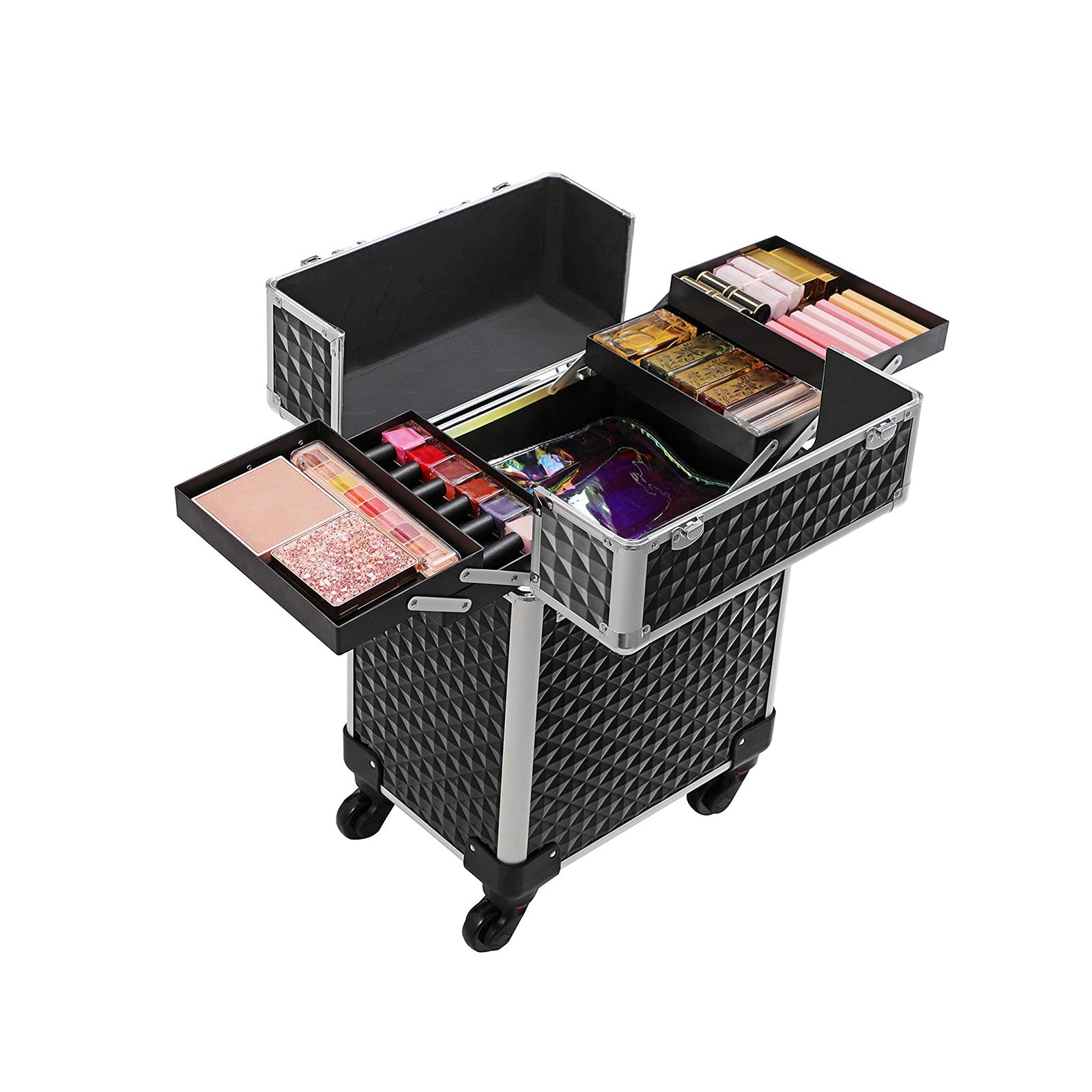 Makeup Case – Plastic – Black – Lockable, Wheeled Design with Extendable Trays