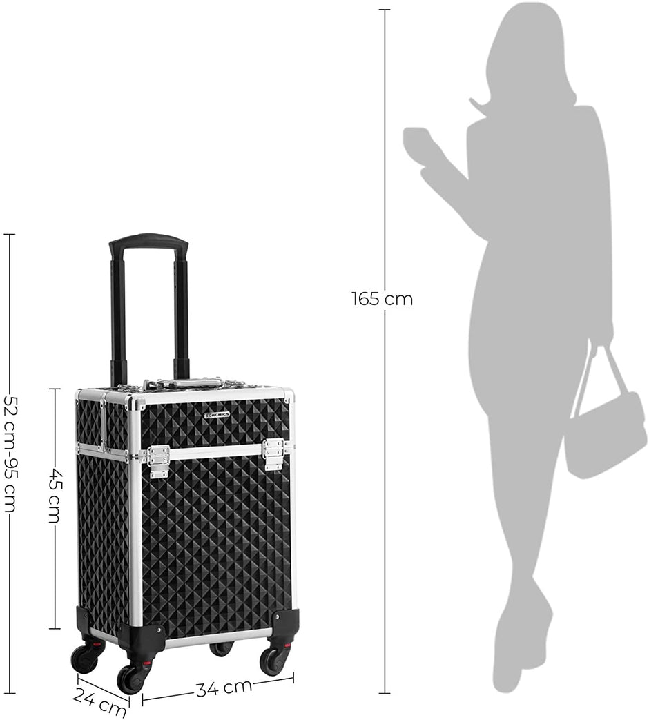 Makeup Case – Plastic – Black – Lockable, Wheeled Design with Extendable Trays