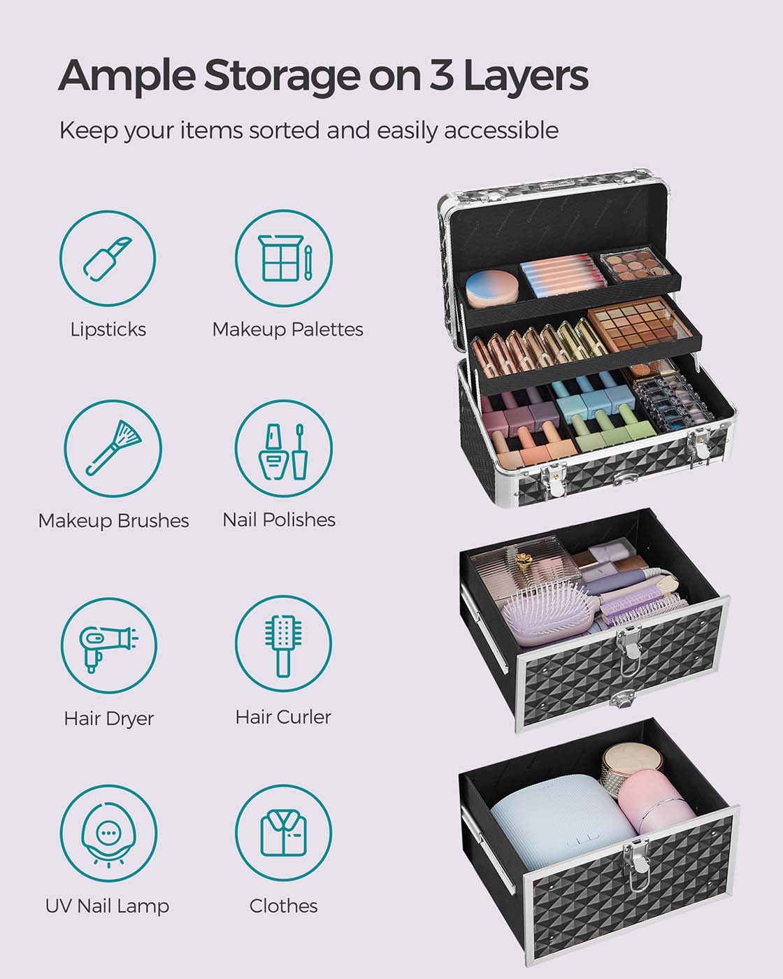 Rolling Makeup Case – ABS – Red – Lockable and Portable