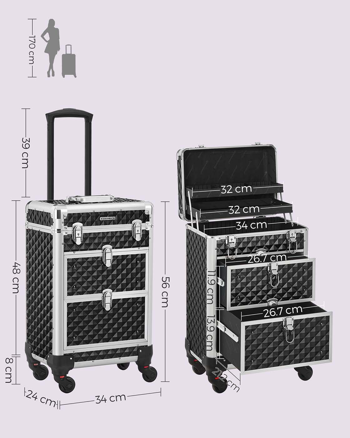 Rolling Makeup Case – ABS – Red – Lockable and Portable