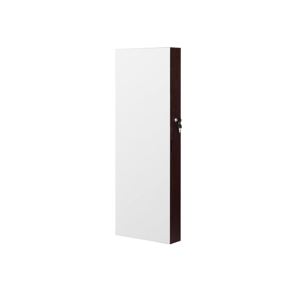 Jewelry Cabinet Armoire – Wood – Brown – Lockable Wall-Mounted with Full-Length Mirror and Cosmetic Storage Trays