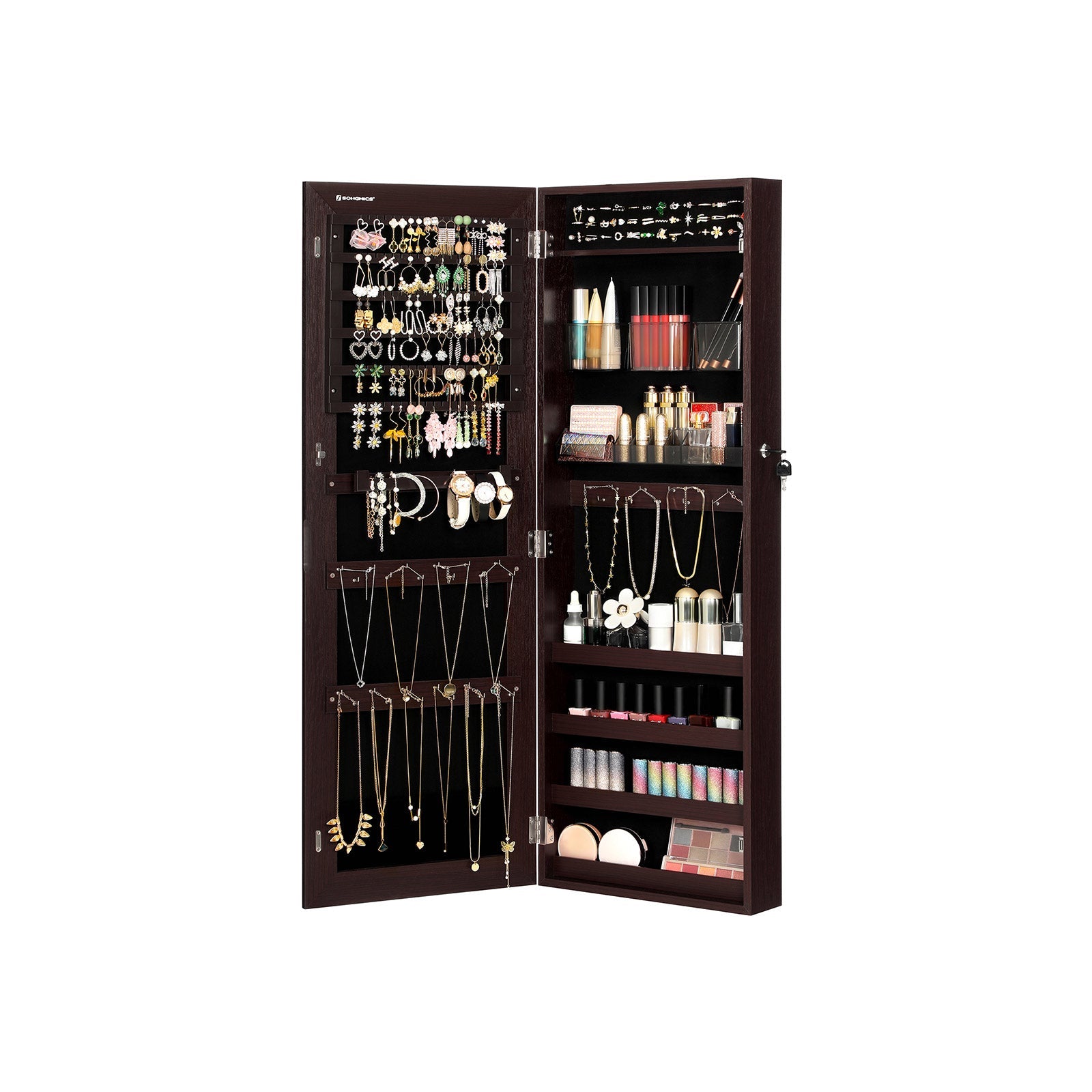Jewelry Cabinet Armoire – Wood – Brown – Lockable Wall-Mounted with Full-Length Mirror and Cosmetic Storage Trays