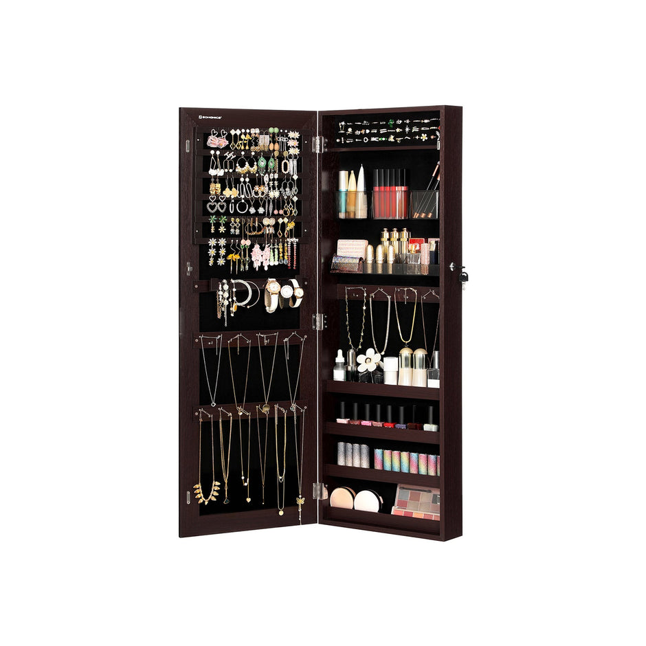 Jewelry Cabinet Armoire – Wood – Brown – Lockable Wall-Mounted with Full-Length Mirror and Cosmetic Storage Trays