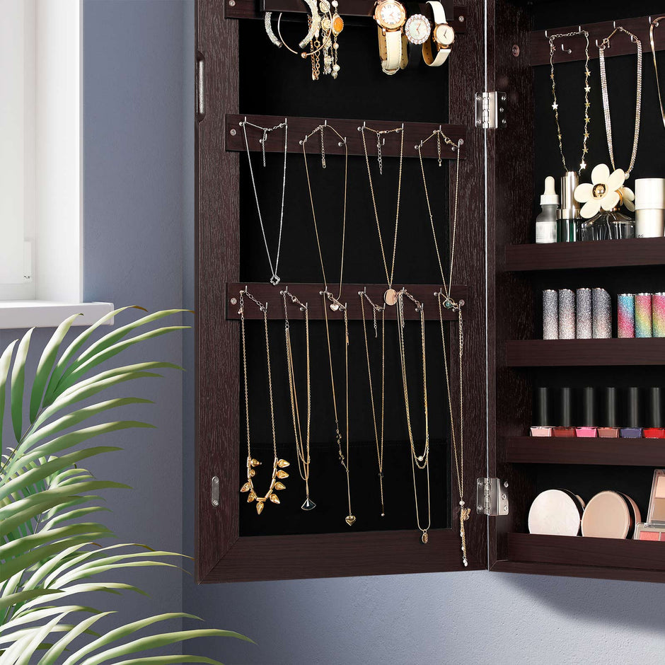 Jewelry Cabinet Armoire – Wood – Brown – Lockable Wall-Mounted with Full-Length Mirror and Cosmetic Storage Trays