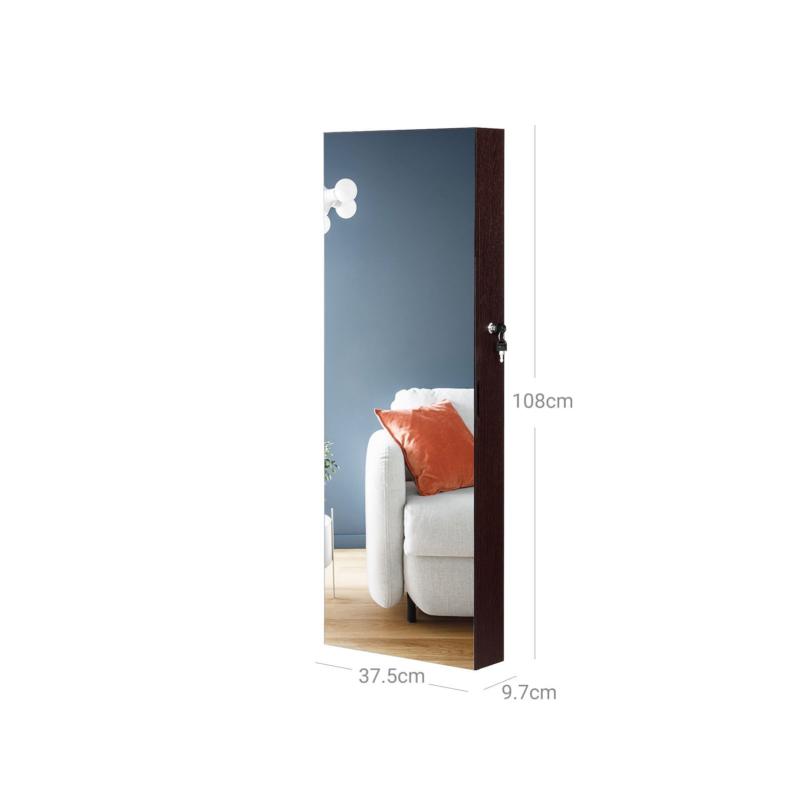 Jewelry Cabinet Armoire – Wood – Brown – Lockable Wall-Mounted with Full-Length Mirror and Cosmetic Storage Trays