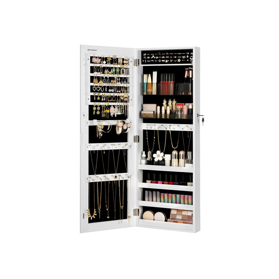 Jewelry Cabinet Armoire – Wood – White – Lockable Wall-Mounted with Full-Length Mirror