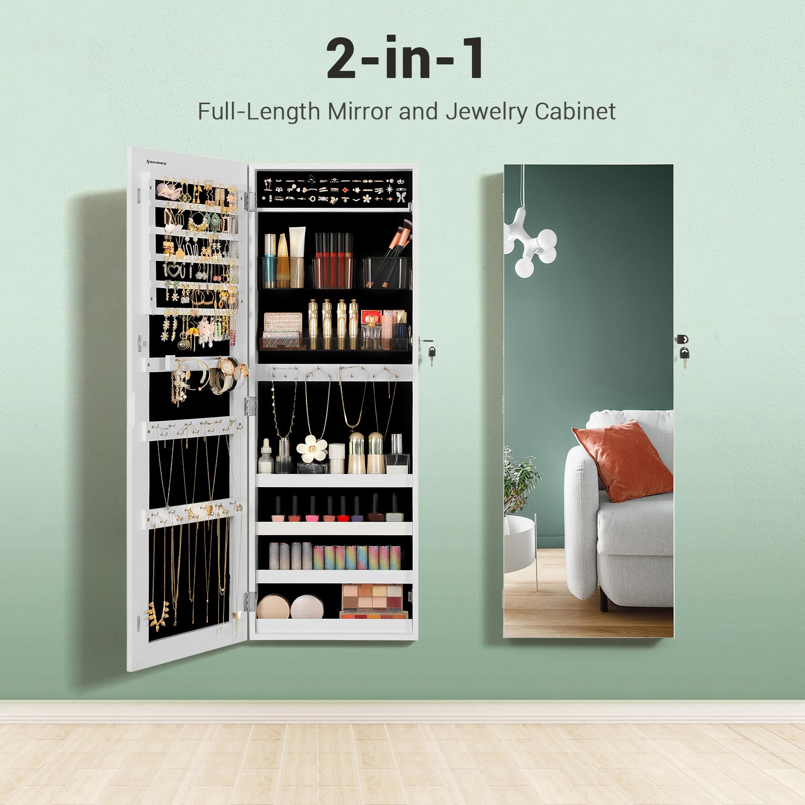 Jewelry Cabinet Armoire – Wood – White – Lockable Wall-Mounted with Full-Length Mirror