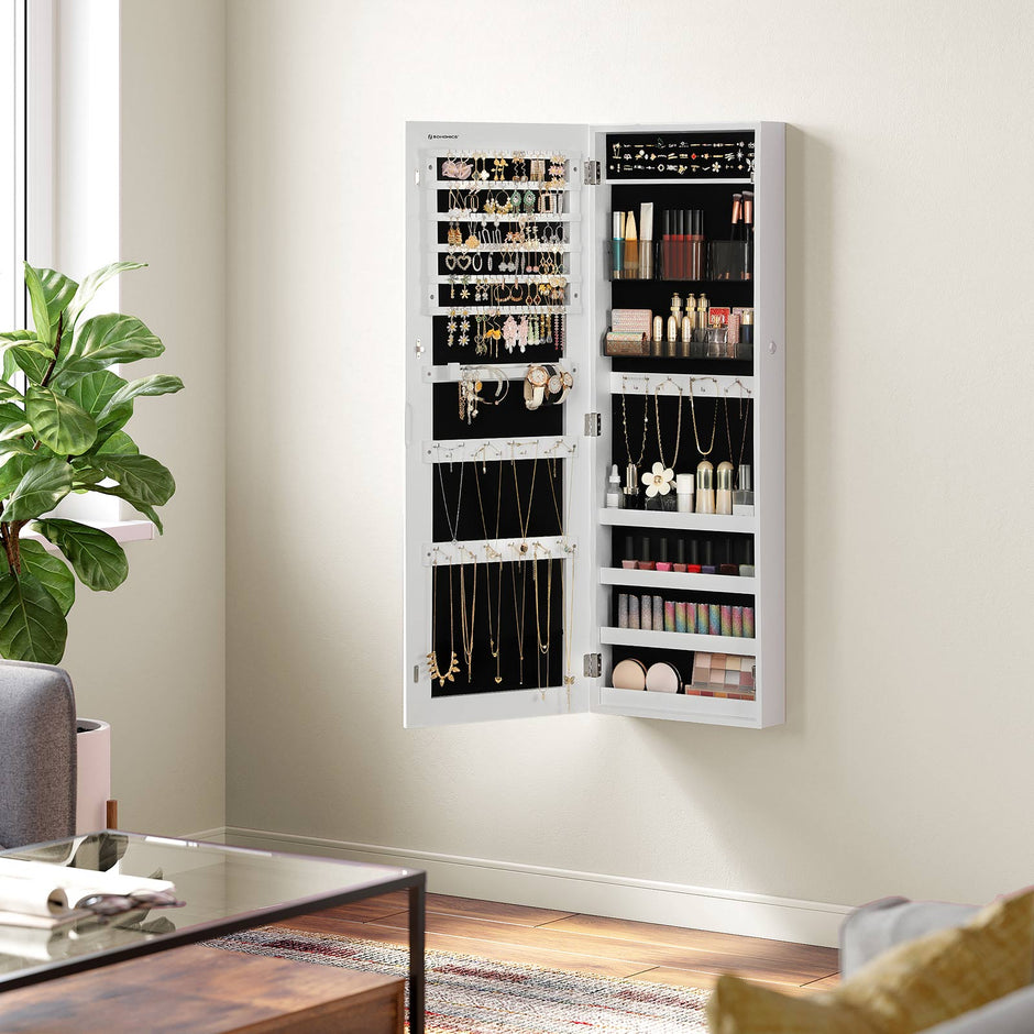Jewelry Cabinet Armoire – Wood – White – Lockable Wall-Mounted with Full-Length Mirror