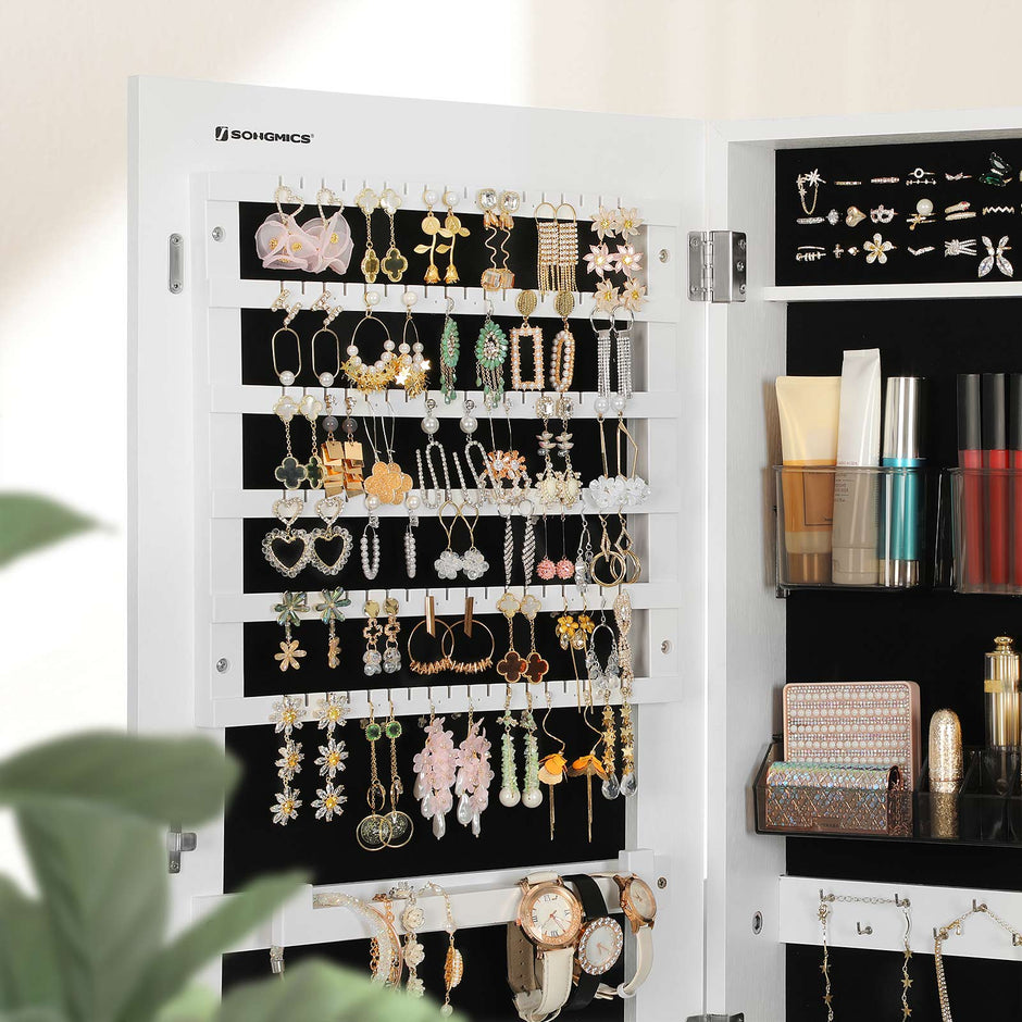 Jewelry Cabinet Armoire – Wood – White – Lockable Wall-Mounted with Full-Length Mirror