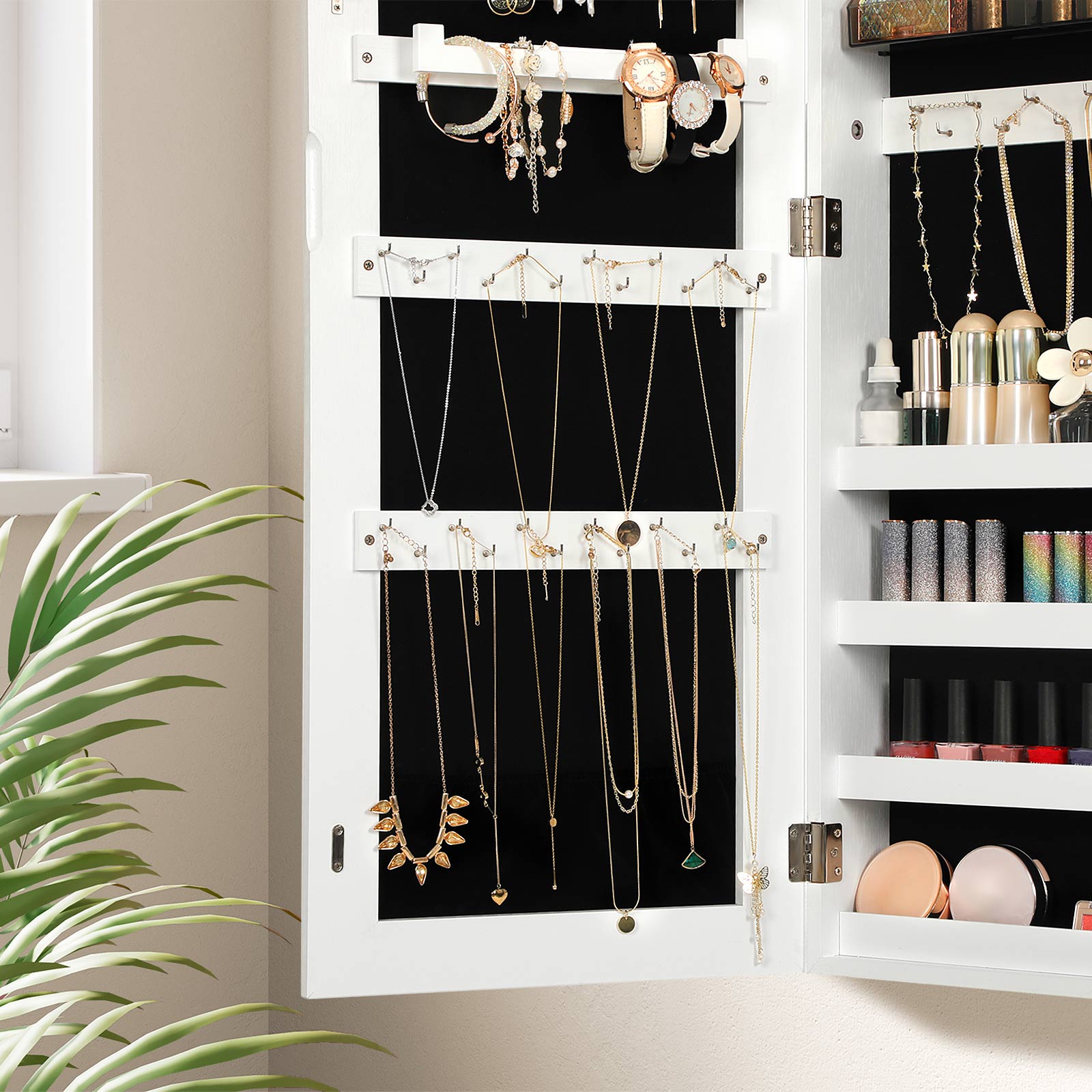 Jewelry Cabinet Armoire – Wood – White – Lockable Wall-Mounted with Full-Length Mirror