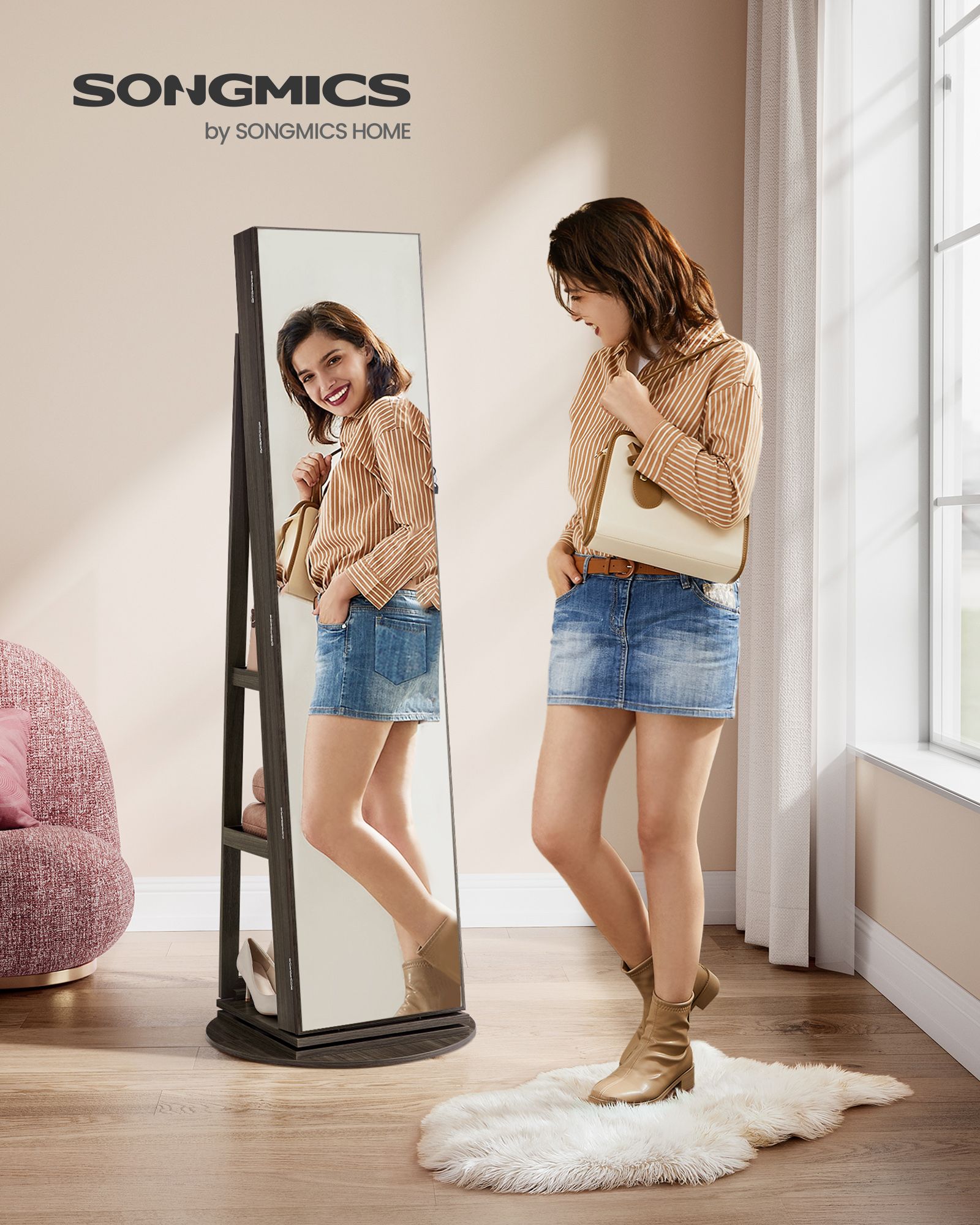 Jewellery Cabinet – MDF – Rustic Brown and Ink Black – Full-Length Mirror with 360° Swivel and Lockable Storage