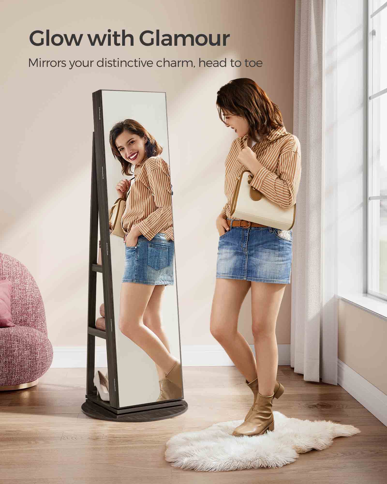 Jewellery Cabinet – MDF – Rustic Brown and Ink Black – Full-Length Mirror with 360° Swivel and Lockable Storage