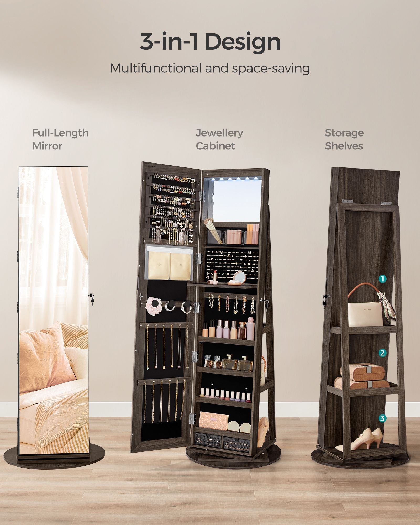 Jewellery Cabinet – MDF – Rustic Brown and Ink Black – Full-Length Mirror with 360° Swivel and Lockable Storage