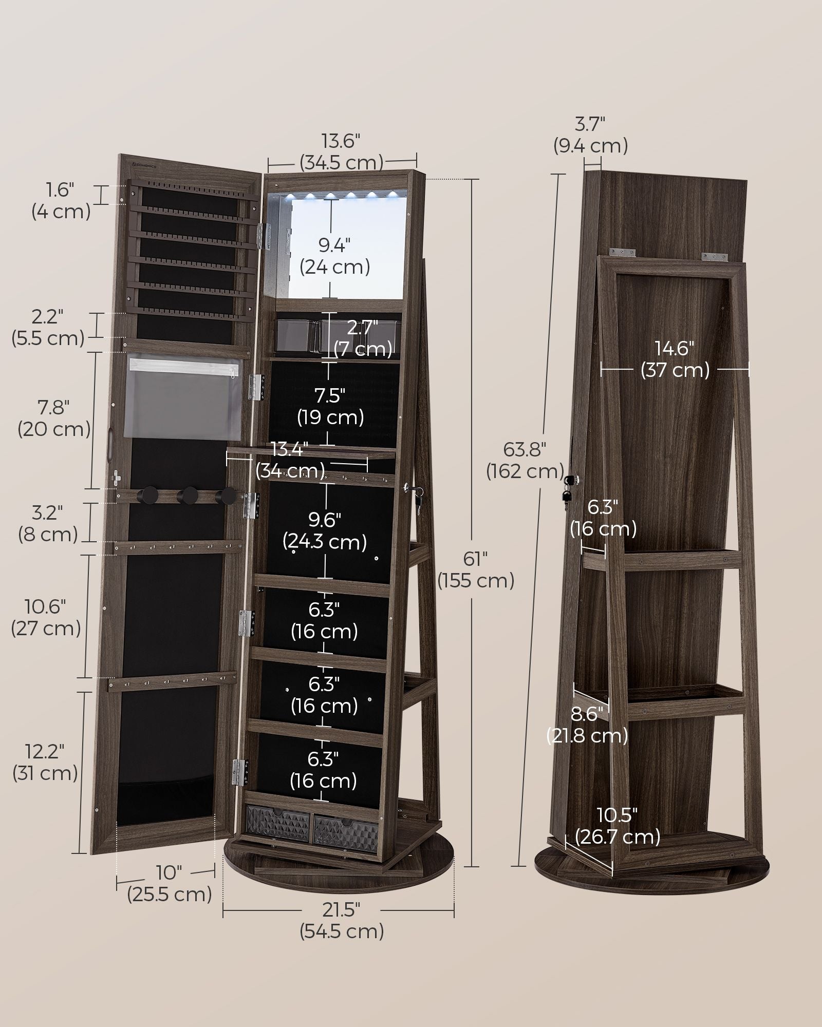 Jewellery Cabinet – MDF – Rustic Brown and Ink Black – Full-Length Mirror with 360° Swivel and Lockable Storage