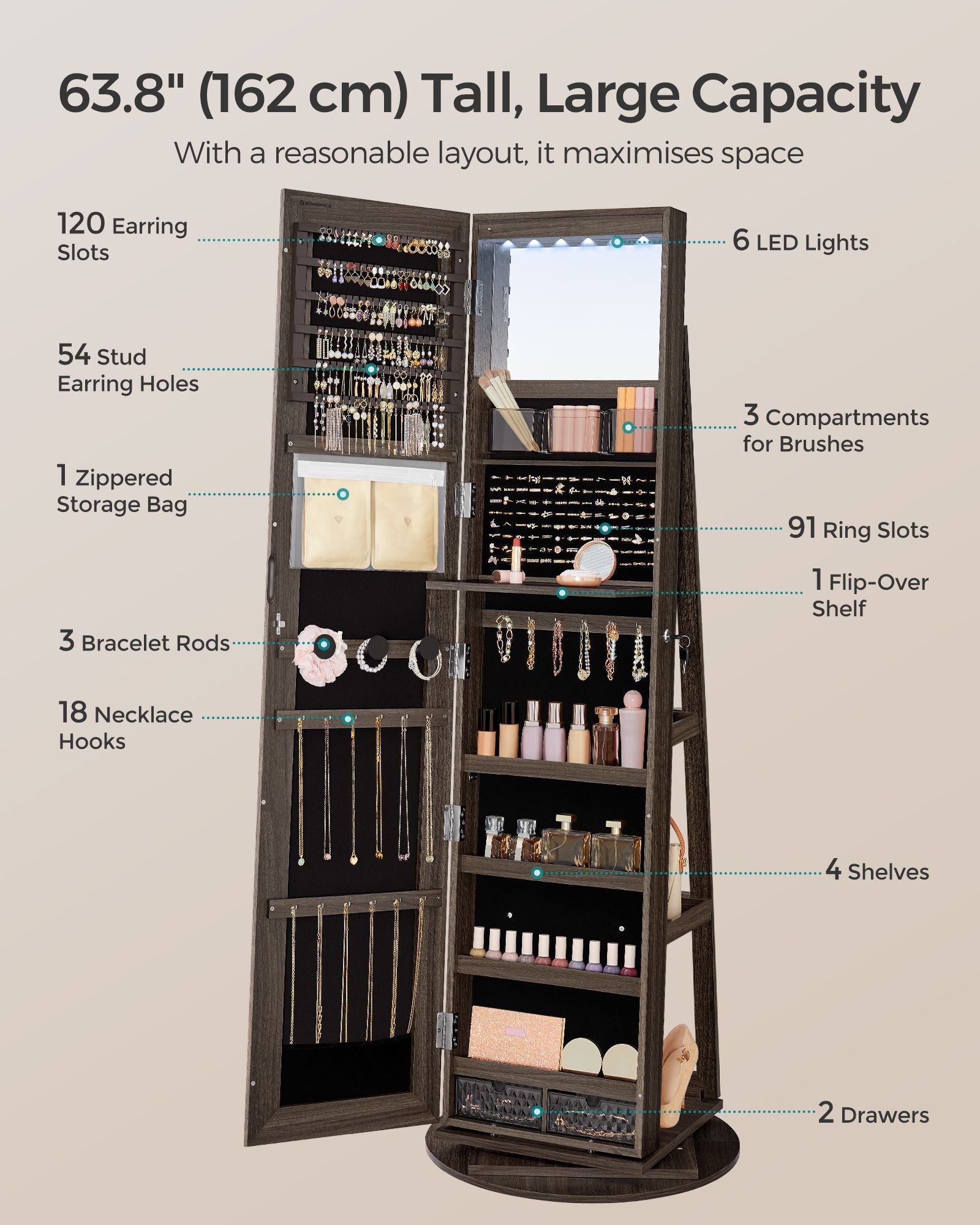 Jewellery Cabinet – MDF – Rustic Brown and Ink Black – Full-Length Mirror with 360° Swivel and Lockable Storage