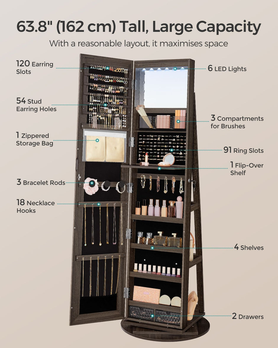 Jewellery Cabinet – MDF – Rustic Brown and Ink Black – Full-Length Mirror with 360° Swivel and Lockable Storage