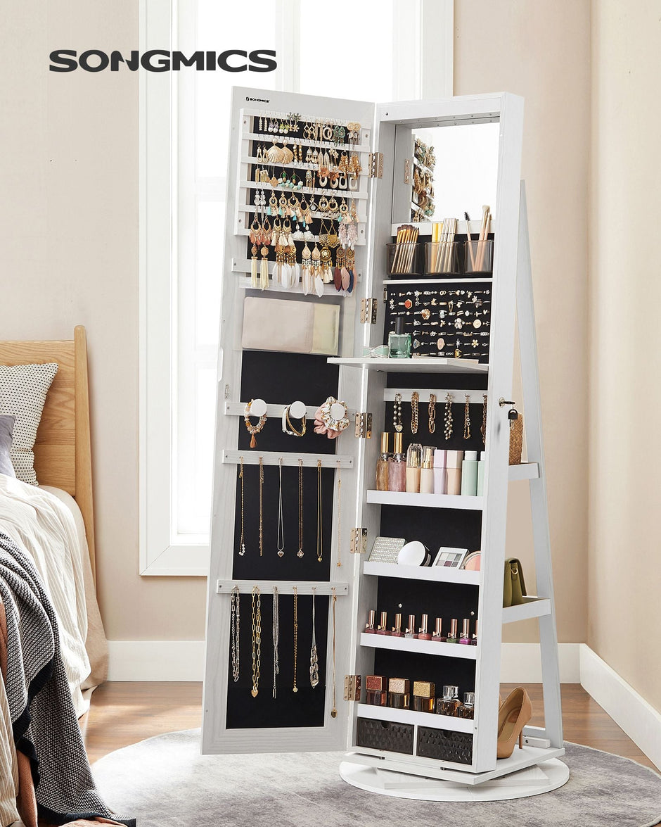Jewellery Storage Organiser – Wood – Rustic Brown – 360° Swivel with Lockable Mirror and LED Lights