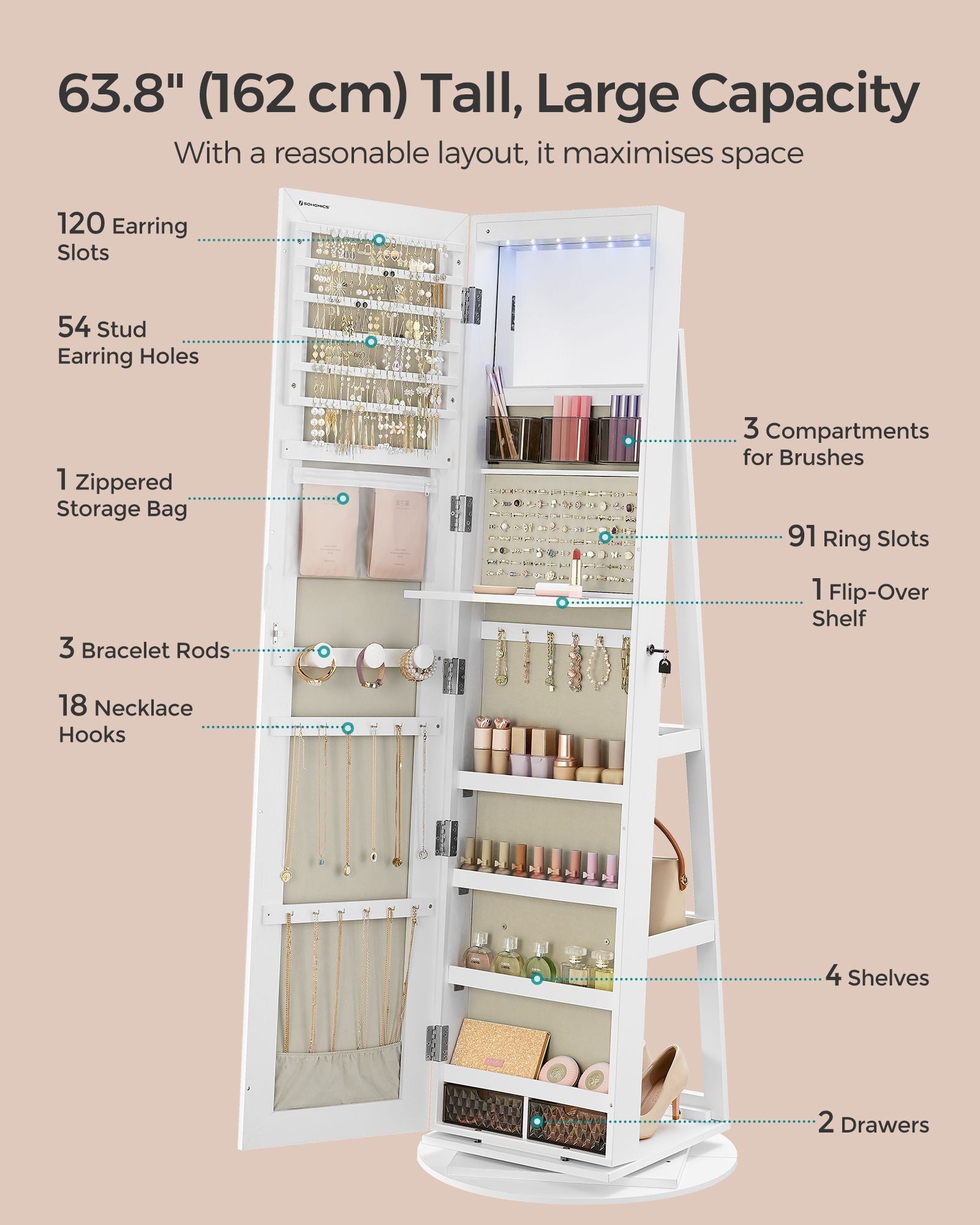 Jewellery Cabinet – Wood – Rustic Brown – Full-Length Mirror with 360° Swivel and LED Lighting