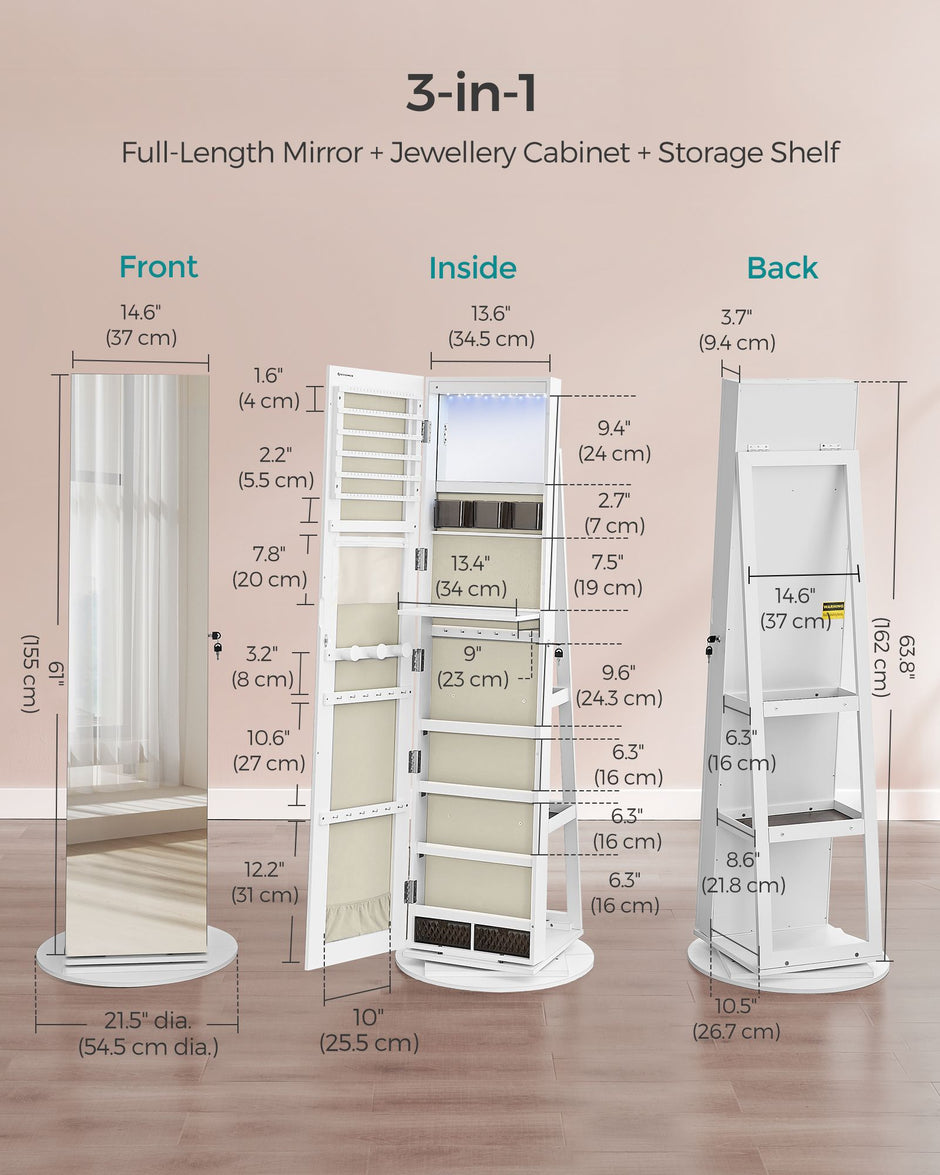 Jewellery Cabinet – Wood – Rustic Brown – Full-Length Mirror with 360° Swivel and LED Lighting