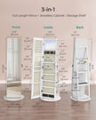 Jewellery Cabinet – Wood – Rustic Brown – Full-Length Mirror with 360° Swivel and LED Lighting