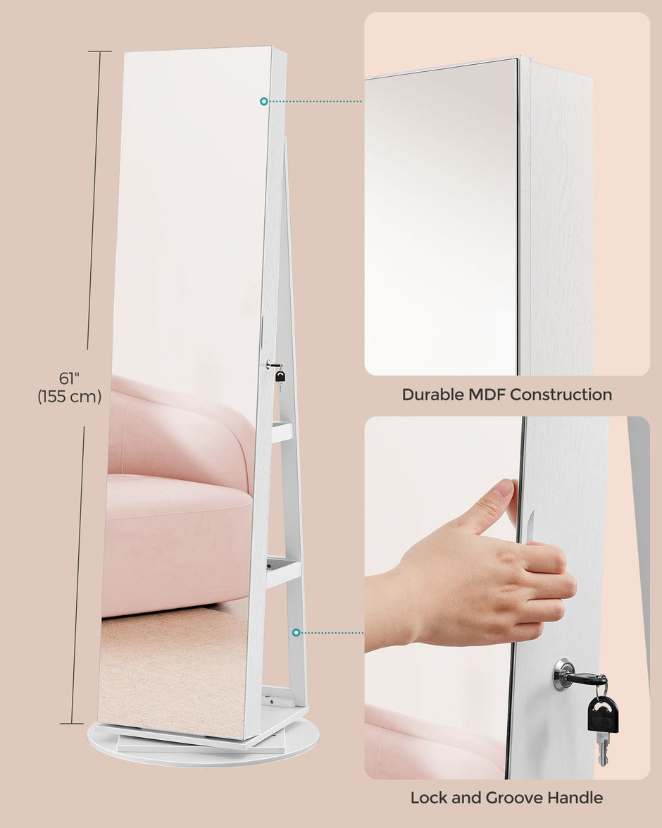 Jewellery Cabinet – Wood – Rustic Brown – Full-Length Mirror with 360° Swivel and LED Lighting