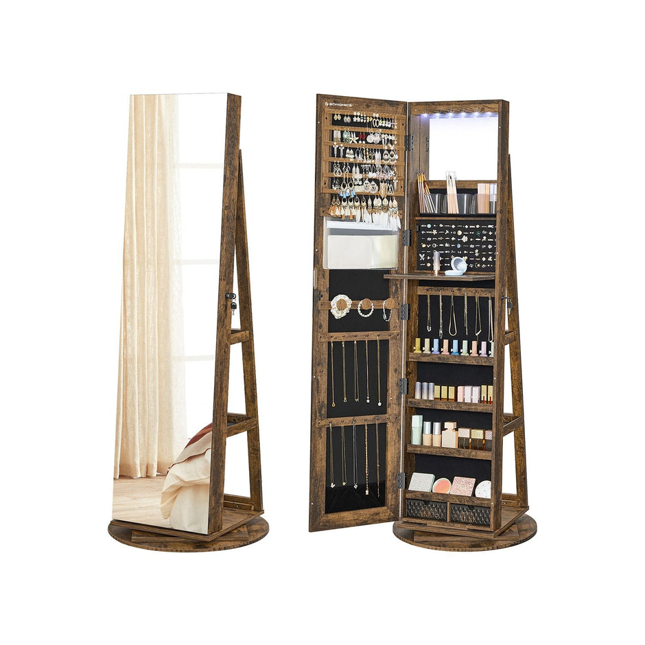 Rotating Jewelry Cabinet – MDF – Rustic Brown – Lockable Full-Length Mirror with 360° Swivel Storage and 6 LEDs