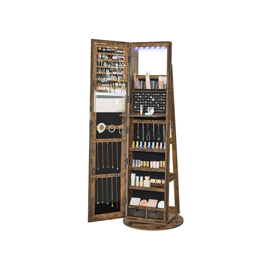 Rotating Jewelry Cabinet – MDF – Rustic Brown – Lockable Full-Length Mirror with 360° Swivel Storage and 6 LEDs