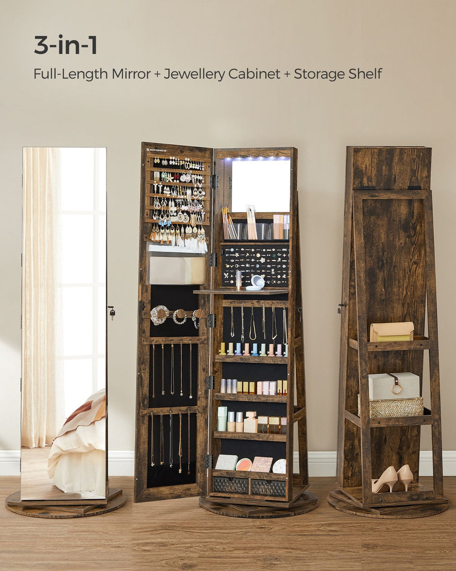 Rotating Jewelry Cabinet – MDF – Rustic Brown – Lockable Full-Length Mirror with 360° Swivel Storage and 6 LEDs